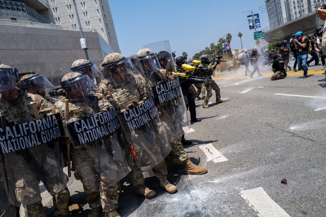 Members of the California National Guard work in Los Angeles, California on June 8, 2025.