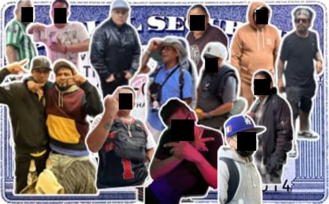 Agents recovered this image from Vidal Mendez’s device, depicting alleged 18th Street Gang members (left to right) Vasquez Corona, Bonilla Ramos, Vidal Mendez, Margarito Ortega and German Rodriguez superimposed on a Social Security card. The gang is accused of counterfeiting Social Security cards, passports and other documents. (DOJ)