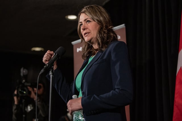 Premier of Alberta Danielle Smith speaks to media prior to the First Minister’s Meeting in Saskatoon on Monday, June 2, 2025. THE CANADIAN PRESS/Liam Richards