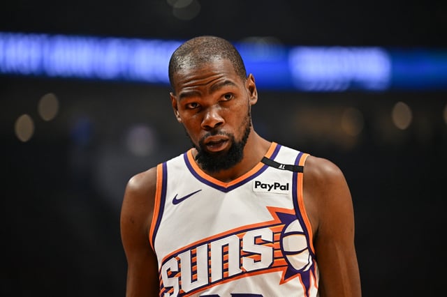 Kevin Durant #35 of the Phoenix Suns looks on during the first quarter of the game against the Portland Trail Blazers at Moda Center on February 01, 2025 in Portland, Oregon.
