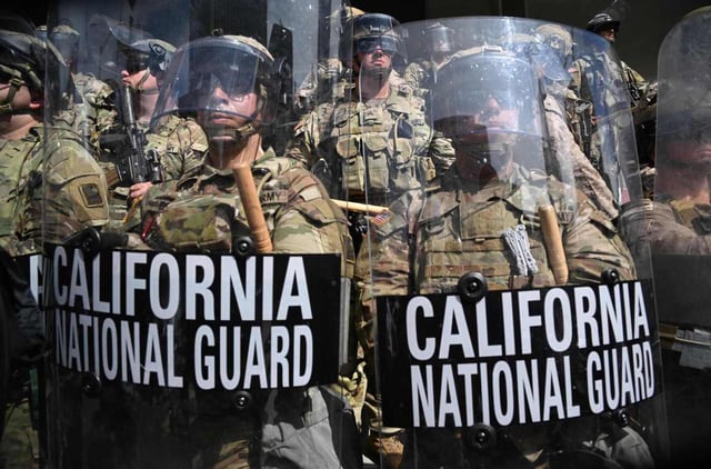 California National Guard and the U.S. Marines stand guard as protesters gather in front of the Edward R. Roybal Federal Building during the ‘No Kings’ protests Day in Los Angeles on Saturday, June 14, 2025. (Photo by Keith Birmingham, Orange County Register/ SCNG)