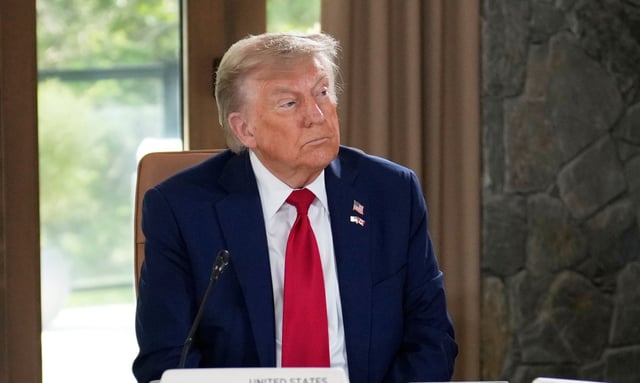 President Donald Trump participates in a session of the G7 Summit, Monday, June 16, 2025, in Kananaskis, Canada. (AP Photo/Mark Schiefelbein)
