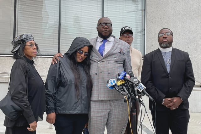 Rev. Kevin McCall joins Montrell Williams’ maternal grandmother and other religious leaders at the 40th Precinct in the Bronx on June 16, 2025.