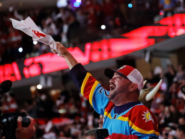 Florida Panthers fans react at the end of Game 3 of the Stanley Cup Eastern Conference finals on Saturday, May 24, 2025, at Amerant Bank Arena in Sunrise. (Joe Cavaretta/South Florida Sun Sentinel)