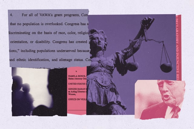 a collage-style illustration featuring torn paper elements: a section of legal text about vawa grant programs, a black-and-white silhouette of a mother and child, a purple-toned statue of lady justice holding scales, a pink-tinted image of donald trump speaking.
