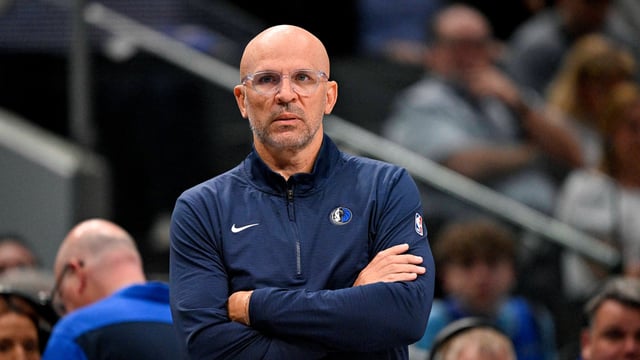 Dallas Mavericks head coach Jason Kidd looks on during the Brooklyn Nets game at the American Airlines Center.