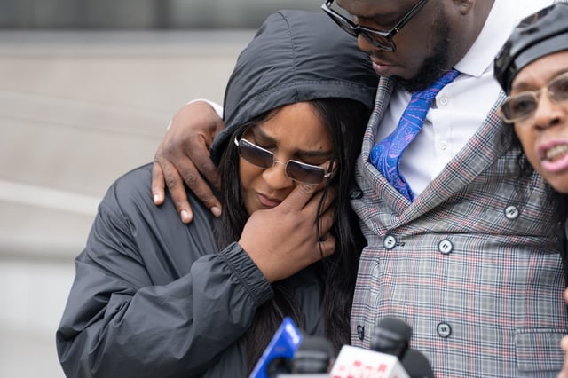Rev. Kevin McCall embraces Octavia Roane, the maternal grandmother of Montrell Williams, after a press conference outside the 40th Pct. Monday, June 16, 2025 in the Bronx, New York. (Barry Williams/ New York Daily News)