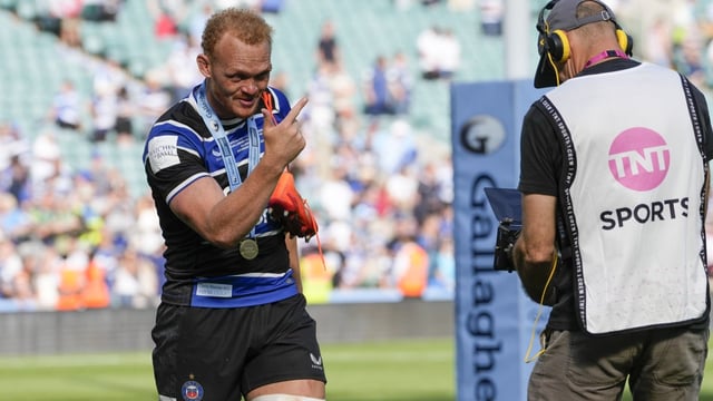 Miles Reid, the Bath back-row, plays to the camera after his side’s Premiership final success at Twickenham on Saturday but younger TV rugby audiences have been on the decline