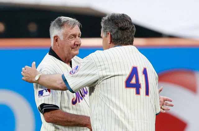 Tom Seaver shakes hands with Ron Taylor during the presentation commemorating the New York Mets 40th anniversary of the 1969 World Championship team on August 22, 2009 at Citi Field.