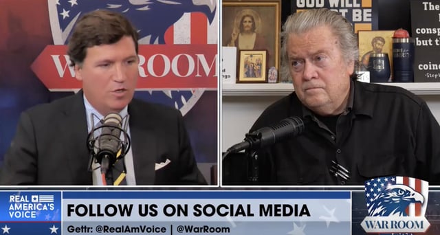 Steve Bannon and Tucker Carlson appear on Bannon&#39;s podcast, &#34;War Room.&#34;