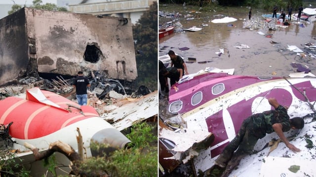 A composite image of two plane crashes. On the left, a fire officer stands next to the crashed Air India Boeing 787-8 Dreamliner aircraft, in Ahmedabad, India, June 13. On the right, rescue workers sift through the debris of a Thai Airways Airbus A310 on Dec. 12, 1998, after the plane crashed in Surat Thani the night before.