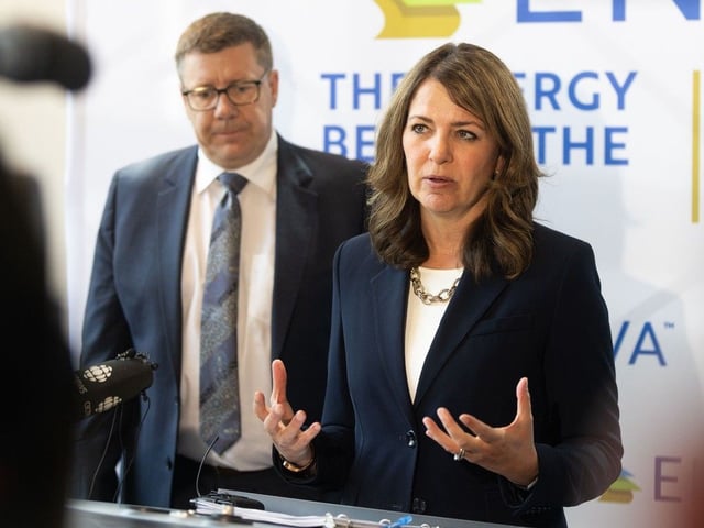 Saskatchewan Premier Scott Moe and Alberta Premier Danielle Smith take part in a joint press conference following a talk hosted by Enserva at the Calgary Telus Convention Centre on Monday, June 16, 2025. 