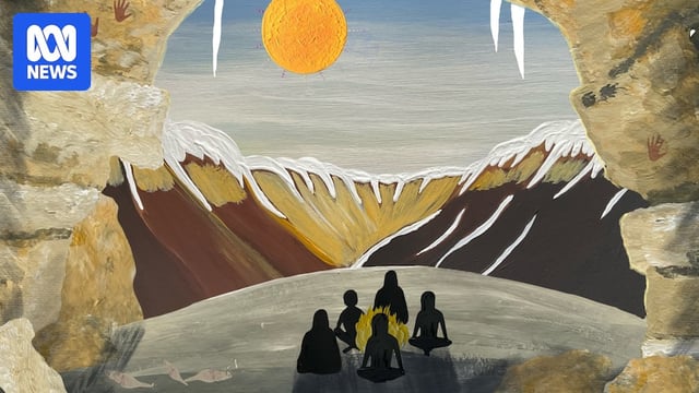 A n artwork showing people sitting in a cave.