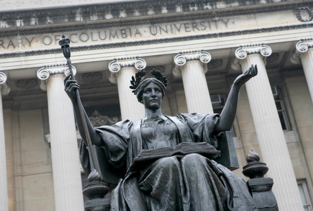 FILE - The statue of Alma Mater on the campus of Columbia University in New York, Oct. 10, 2007.  (AP Photo/Diane Bondareff, File)