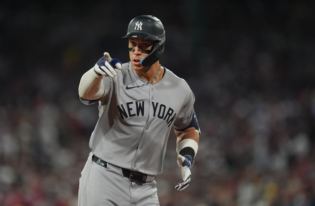 Jun 13, 2025; Boston, Massachusetts, USA; New York Yankees outfielder Aaron Judge (99) reacts to the crowd after hitting a home run against the Boston Red Sox in the ninth inning at Fenway Park. Mandatory Credit: David Butler II-Imagn Images/File Photo