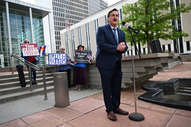 MyPillow CEO Mike Lindell speaks during his news conference outside the Alfred A. Arraj United States Courthouse in Denver on June 2, 2025. (Photo by Helen H. Richardson/The Denver Post)
