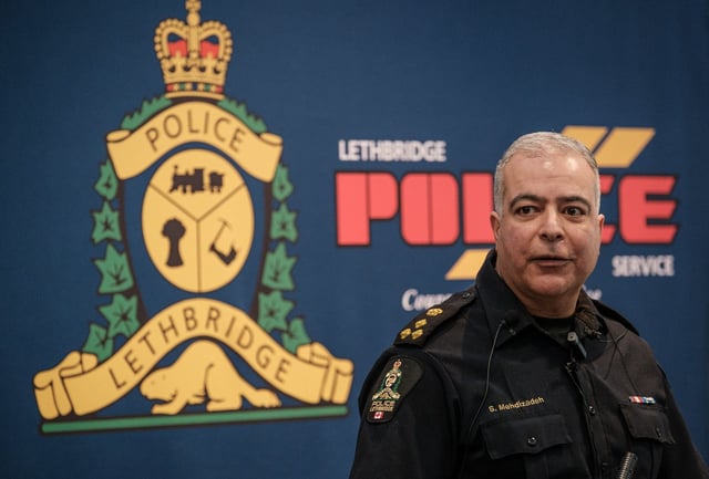 Lethbridge Police Chief Shahin Mehdizadeh speaks during a news conference in Lethbridge, Alta., on Wednesday, March 10, 2021. THE CANADIAN PRESS/David Rossiter