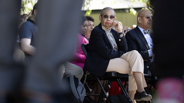 Del. Eleanor Holmes Norton watches D.C. Mayor Muriel Bowser speak at a press conference at the Children's National Hospital of Washington on May 2, 2025. Photo: Tom Brenner/The Washington Post via Getty Images
