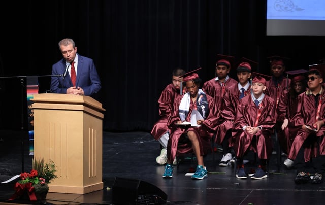 Chicago Public Schools CEO Pedro Martinez speaks at the eighth grade graduation ceremony for John A. Walsh Elementary School at Benito Juarez Community Academy on June 10, 2025. (John J. Kim/Chicago Tribune)