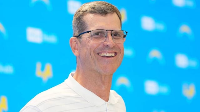 May 7, 2025; El Segundo CA, USA; Los Angeles Chargers coach Jim Harbaugh during press conference at The Bolt. Mandatory Credit: Kirby Lee-Imagn Images