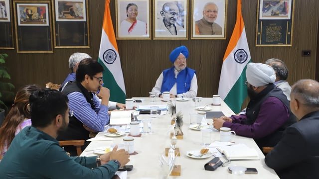 Petroleum Minister Hardeep Puri during a meeting with officials on Monday.