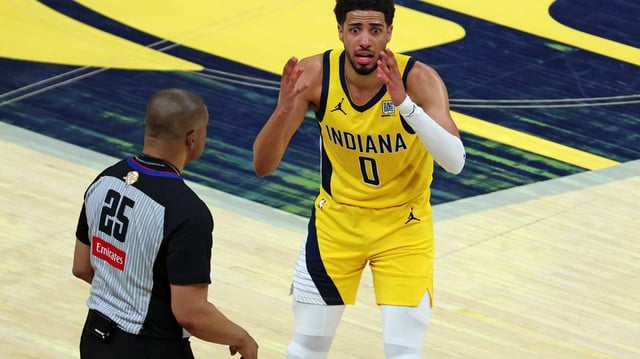 Indiana Pacers guard Tyrese Haliburton (0) reacts to a play during the fourth quarter against the Oklahoma City Thunder in game three of the 2025 NBA Finals at Gainbridge Fieldhouse