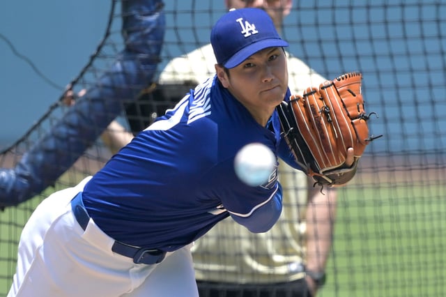 Los Angeles Dodgers Shohei Ohtani (17) throws live batting practice prior to the game against the New York Yankees at Dodger Stadium on May 31, 2025.
