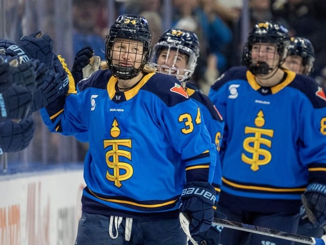 Toronto Sceptres forward Hannah Miller (34) is congratulated by teammates after scoring her second goal of the game against the Toronto Sceptres in second period PWHL hockey action in Toronto on Saturday January 25, 2025.