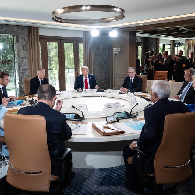 KANANASKIS, CANADA - JUNE 16:  Italian Prime Minister Giorgia Meloni, French President Emmanuel Macron, Canadian Prime Minister Mark Carney, U.S. President Donald Trump, British Prime Minister Kier Starmer, German Chancellor Friedrich Merz, European Union Commission President Ursula von der Leyen, European Union Council President Antonio Costa and Japanese Prime Minister Shigeru Ishiba participate in a meeting with fellow G7 leaders at the G7 Leaders' Summit on June 16, 2025 in Kananaskis, Alberta. Canada is hosting this year's meeting of the world's seven largest economies. (Photo by Stefan Rousseau-Pool/Getty Images)