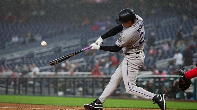 Mickey Moniak (22) of the Colorado Rockies triples against the Washington Nationals during the fifth inning at Nationals Park on June 16, 2025 in Washington, DC. (Scott Taetsch/Getty Images/TNS)
