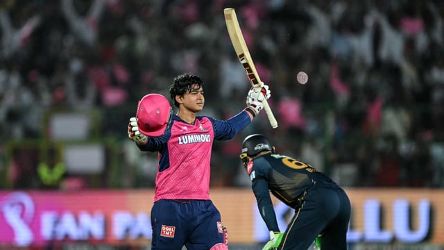 Rajasthan Royals' Vaibhav Suryavanshi celebrates after scoring his ton vs GT.
