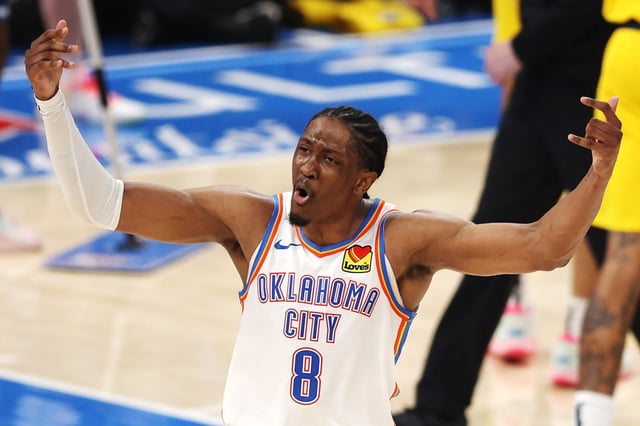 Jalen Williams of the Thunder celebrates during the third quarter of Game 5 of the NBA Finals against the Pacers on Monday, June 16, 2025, in Oklahoma City. (William Purnell/Getty Images)