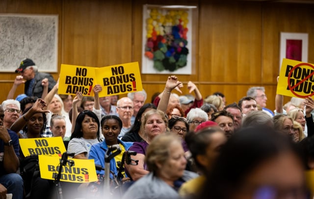 People fill a City Council meeting that discusses capping the number of accessory dwelling units that can be built on a property  on Monday, June 16, 2025 in San Diego, California.    (Ana Ramirez / The San Diego Union-Tribune)