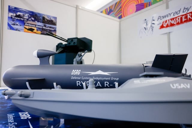Models of unmanned surface vehicle and weapons developed by Defense Systems Redeployment Group (DSRG) are displayed at a sea drone event in Yilan, Taiwan, June 17, 2025 REUTERS/Ann Wang