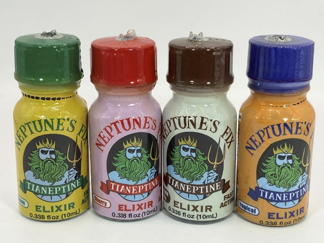 This photo provided by the FDA in January 2024 shows bottles of Neptunes Fix Elixir, a product labeled to contain tianeptine.
