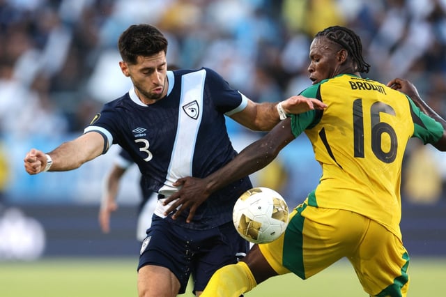 Guatemala defender Nicolás Samayoa, left, vies for the ball with Jamaica forward Warner Brown during the first half of their CONCACAF Gold Cup group play match on Monday, June 16, 2025, at Dignity Health Sports Park in Carson. (Photo by Raul Romero Jr., Contributing Photographer)