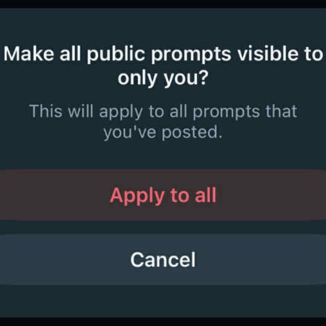 A screenshot of the Meta AI asking if the user wants to make all their public prompts only visible to themselves.