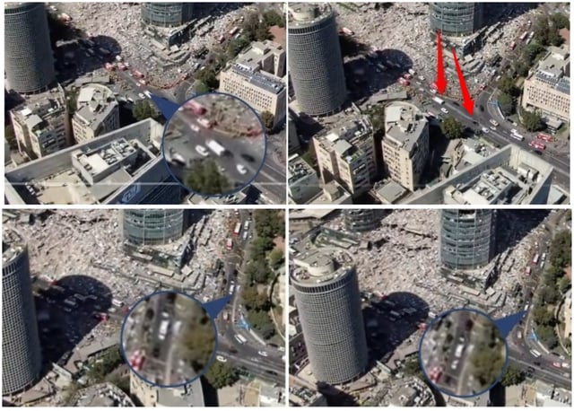 Screenshots showing examples in the falsely shared video of vehicles appearing to pass through others