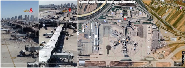 Screenshot comparison between the falsely shared video (left and centre) and Google Maps imagery of Ben Gurion International Airport (right)