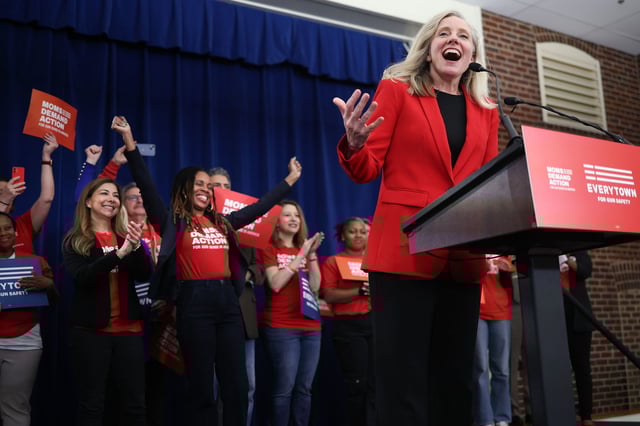 Former Rep. Abigail Spanberger speaks during an Everytown for Gun Safety rally on April 10, in Alexandria, Virginia.