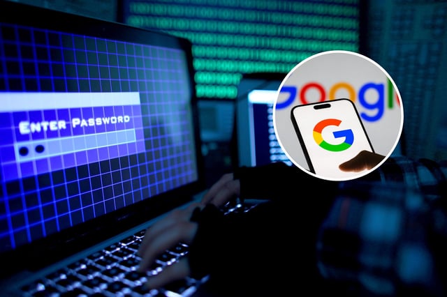 A password is entered on a laptop keyboard in Cologne, North Rhine-Westphalia, on August 25, 2014. A smartphone screen displays the Google app logo, with the Google brand logo in the background, on November 6, 2024 in Chongqing, China.