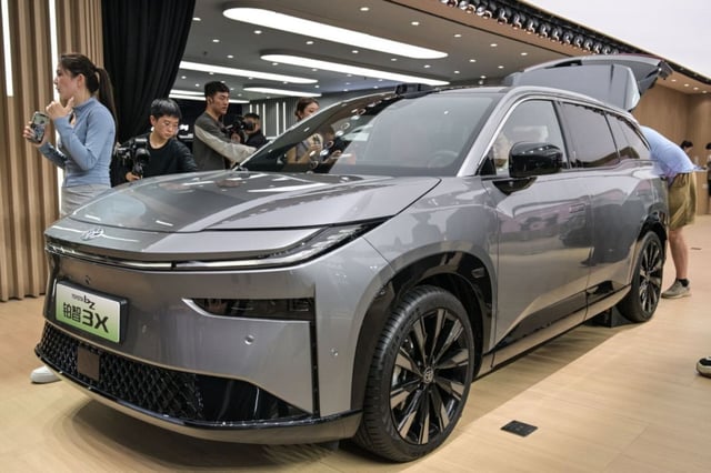 The Toyota bZ3X electric car is displayed during the 21st Shanghai International Automobile Industry Exhibition in April.