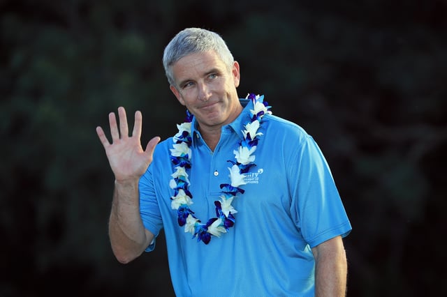 PGA Tour commissioner Jay Monahan waves during the final round of the Sentry Tournament of Champions at the Plantation Course at Kapalua Golf Club on January 6, 2019 in Lahaina, Hawaii.