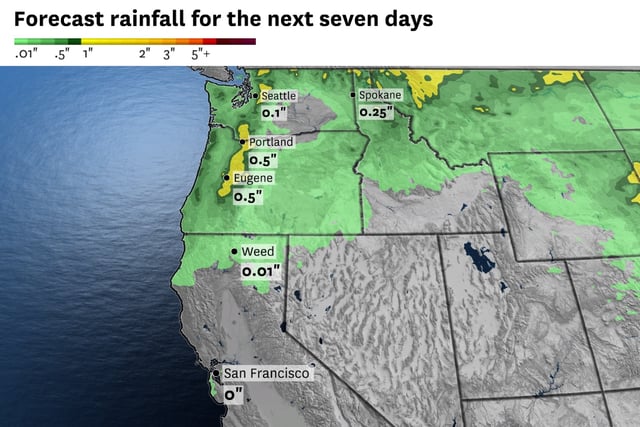 The Weather Prediction Center forecasts about a quarter-inch of rain in Seattle and Portland, Ore., this weekend. Far Northern California could see rain showers but the Bay Area will remain dry.
