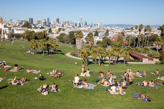 FILE: People hang out in Dolores Park in San Francisco during a warm weather day on Oct. 4, 2023.