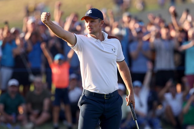 Justin Rose of Team Europe celebrates winning his match 3&amp;2 during the Saturday afternoon fourball matches of the 2023 Ryder Cup at Marco Simone Golf Club on September 30, 2023 in Rome, Italy.