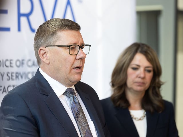 Alberta Premier Danielle Smith and Saskatchewan Premier Scott Moe take part in a joint press conference following a talk hosted by Enserva in  Calgary on Monday, June 16, 2025.