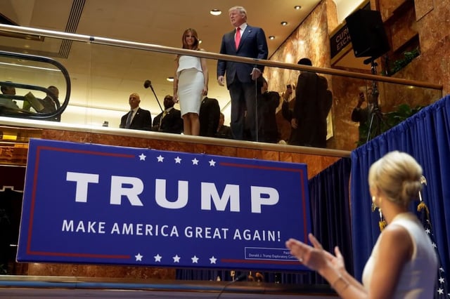 This is a photo from June 16, 2015, when Donald Trump officially announced for the first time that he was running for president. (AP Photo/Richard Drew)