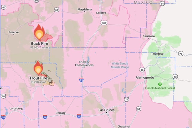 This Watch Duty map shows the approximate location and sizes of the Trout and Buck fires in western New Mexico.