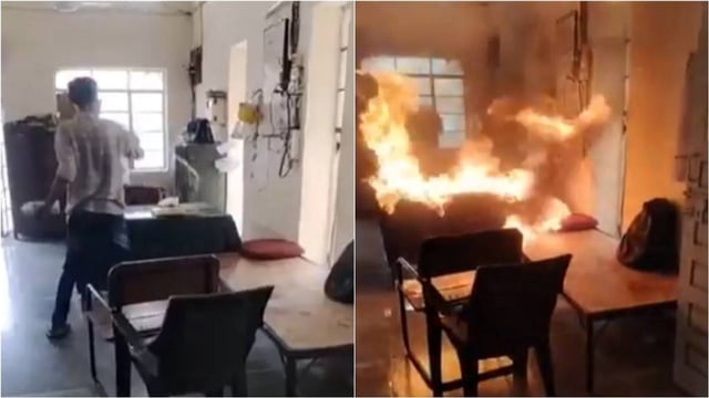 Two youths set fire to furniture in a power substation in Walgaon, Maharashtra  | Image: X/Screengrab 